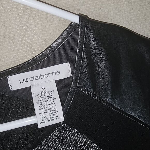 Liz Claiborne Sheath Ponte Dress Size XL Black/Gray Faux Leather + Tweed Detail - Picture 3 of 6